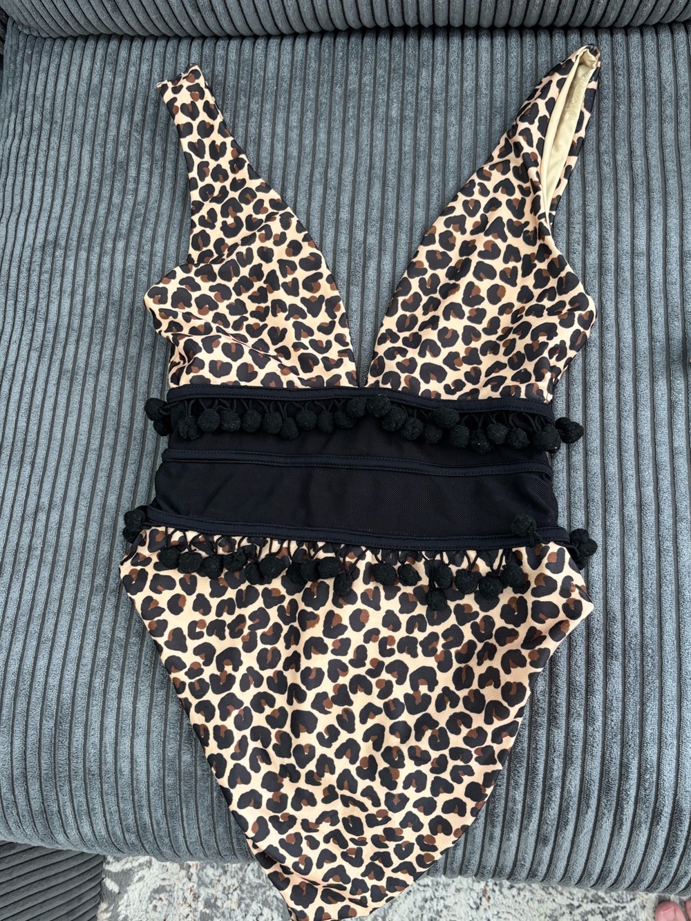 Tularosa Leopard Print One-Piece Swimsuit with Black Pom Trim
